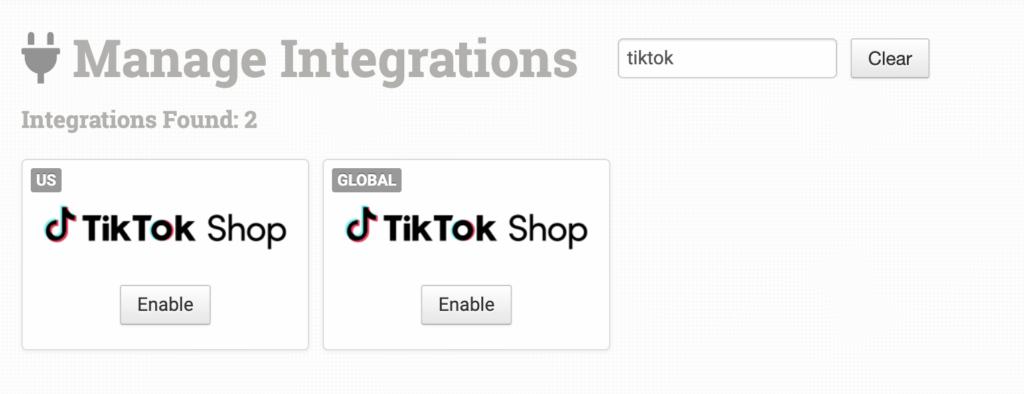 TikTok Shop US and Global integrations in the integration search