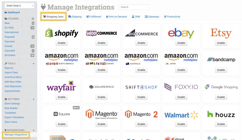 TikTok Shop integrations under the Shopping Carts tab