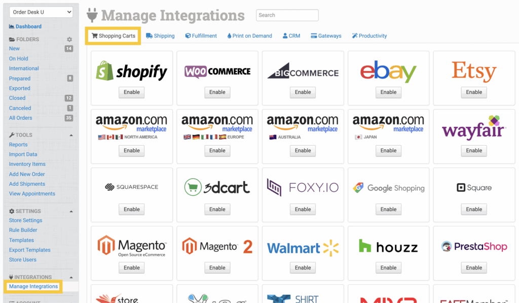 Wix integration under the Shopping Carts tab