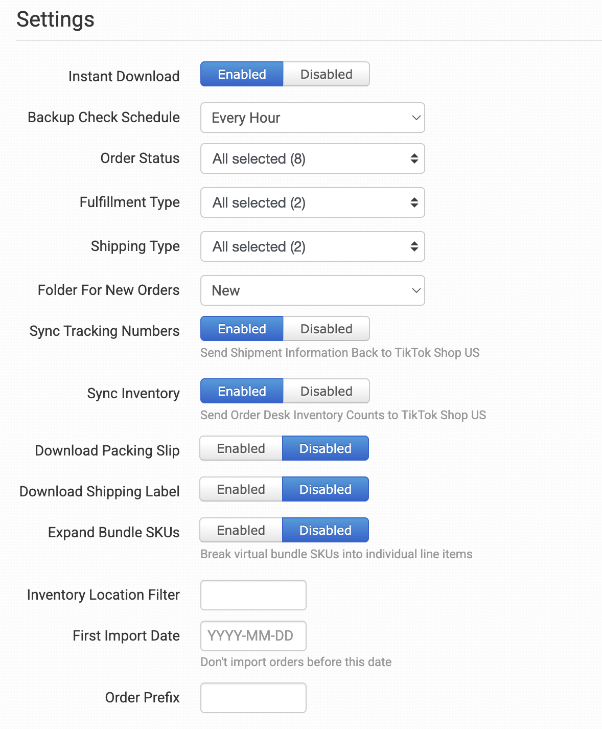 TikTok Shop integration settings in Order Desk