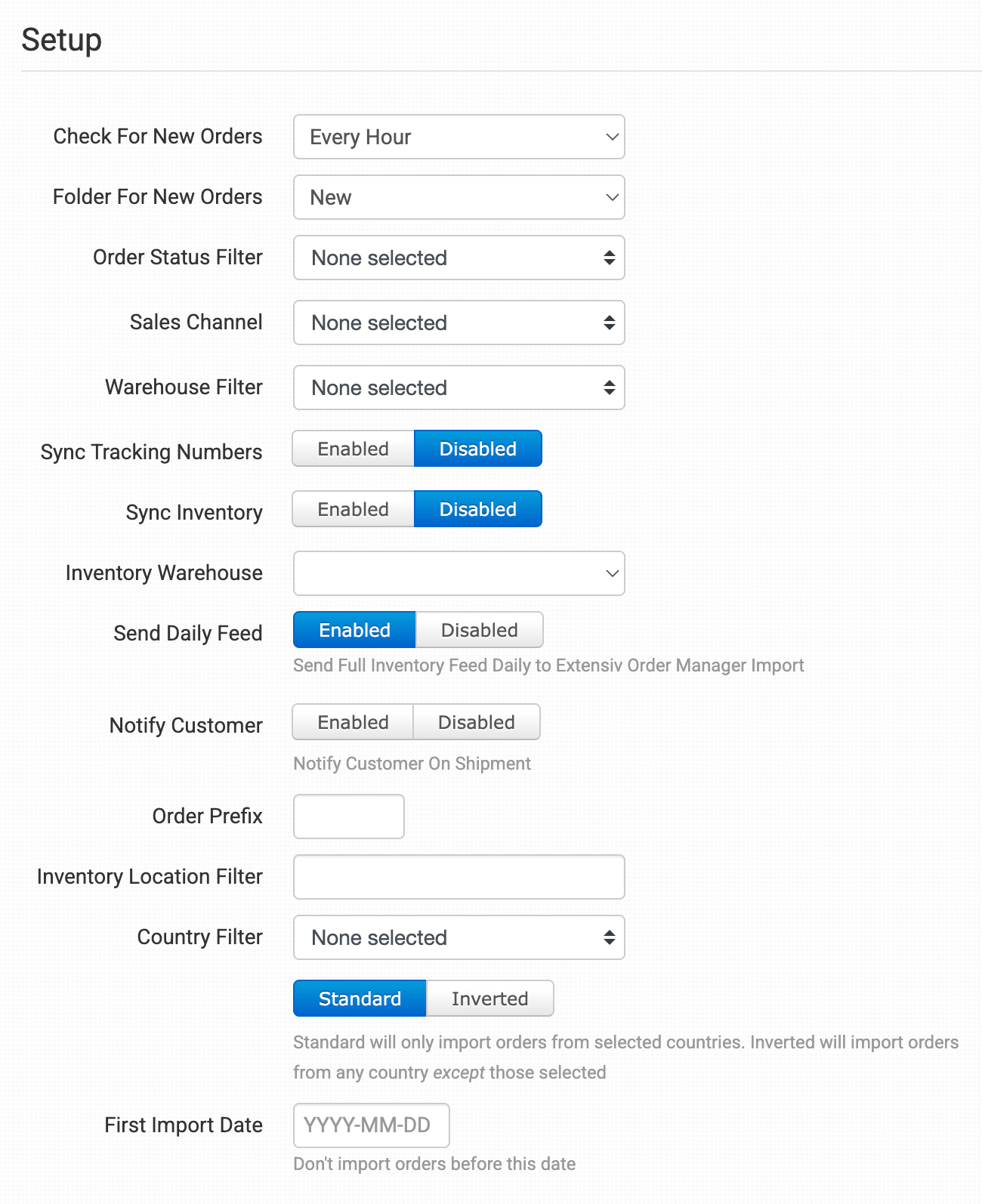 Extensiv Order Manager integration settings in Order Desk