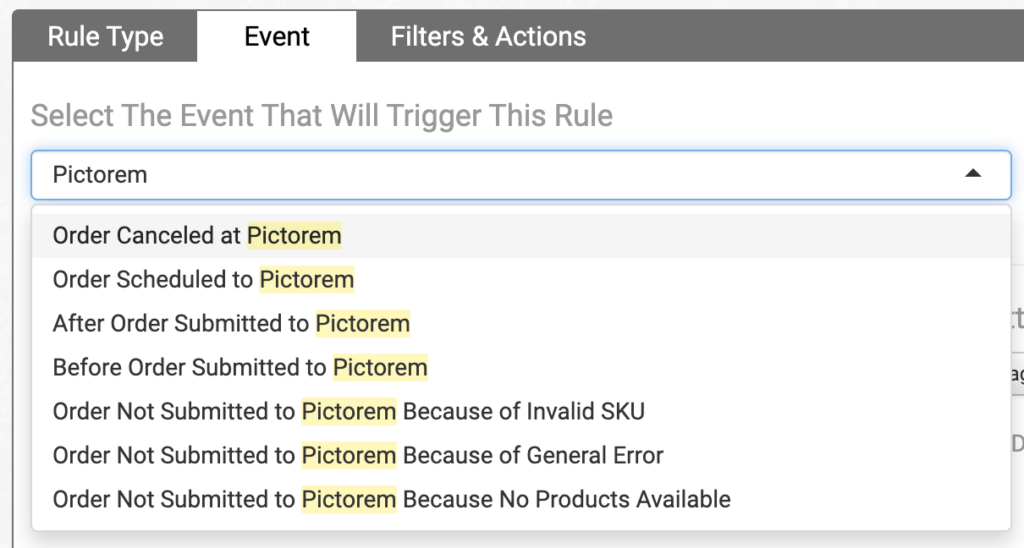 Pictorem events in the Rule Builder