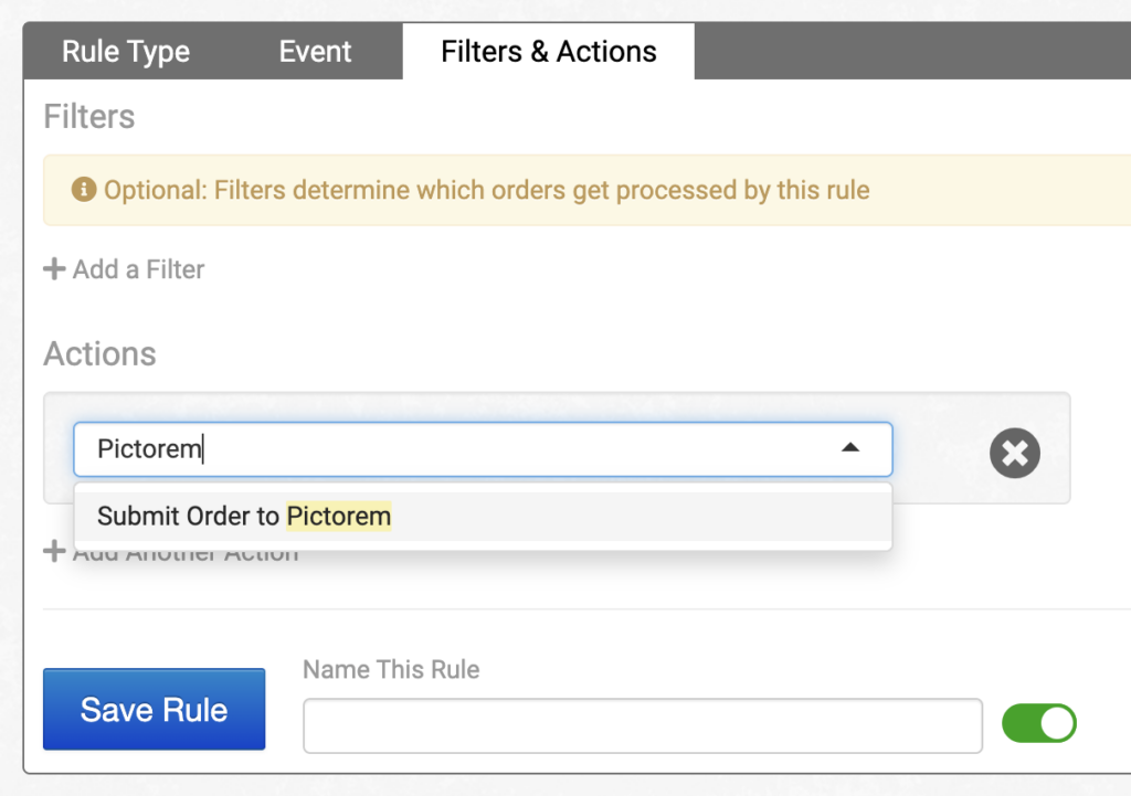 Pictorem actions in the Rule Builder